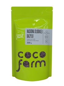 Zielony woreczek Coco Farm, opakowanie zawiera 300g nasion słodkiej bazylii, następcy chia, wystarczy kilka minut aby przygotować keto lub bezglutenowy deser, nasiona słodkiej bazylii są bogate w błonnik oraz stanowią źródło białka.