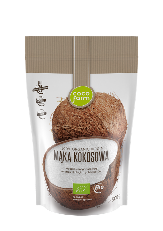 Woreczek z mąką kokosową Coco Farm, która pochodzi z Filipin i powstaje ze zmielonego miąższu kokosowego, a nie z wiórków, co daje najlepszą jakość, produkt nadaje się do jedzenia na surowo