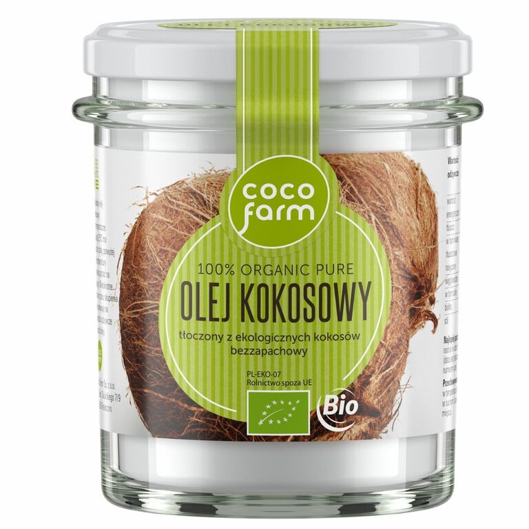 Olej kokoowy oczyszczony w rafinacji fizycznej, wytłoczony z miąższu kokosowego, nie z wiórków